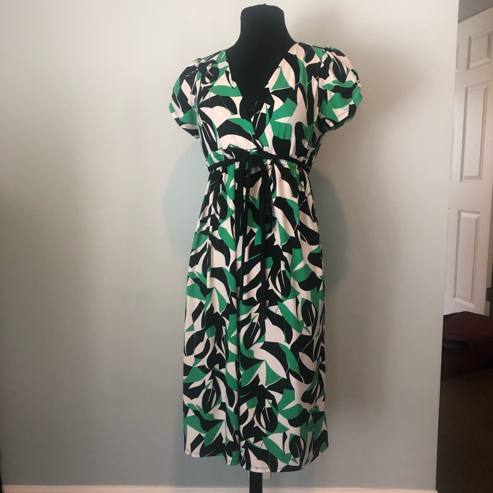 Bisou Bisou Green Print V-neck Dress